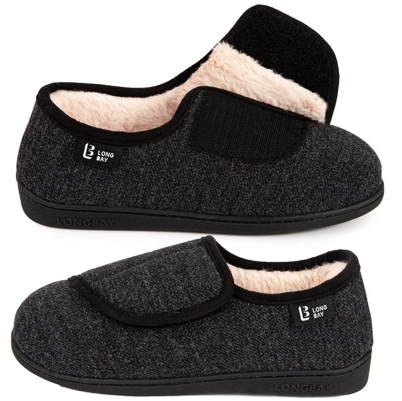 LongBay Diabetic Slippers Woman Comfy Cozy Furry Memory Foam House Shoes for Arthritis Edema (8 B(M), Black) - Image 1